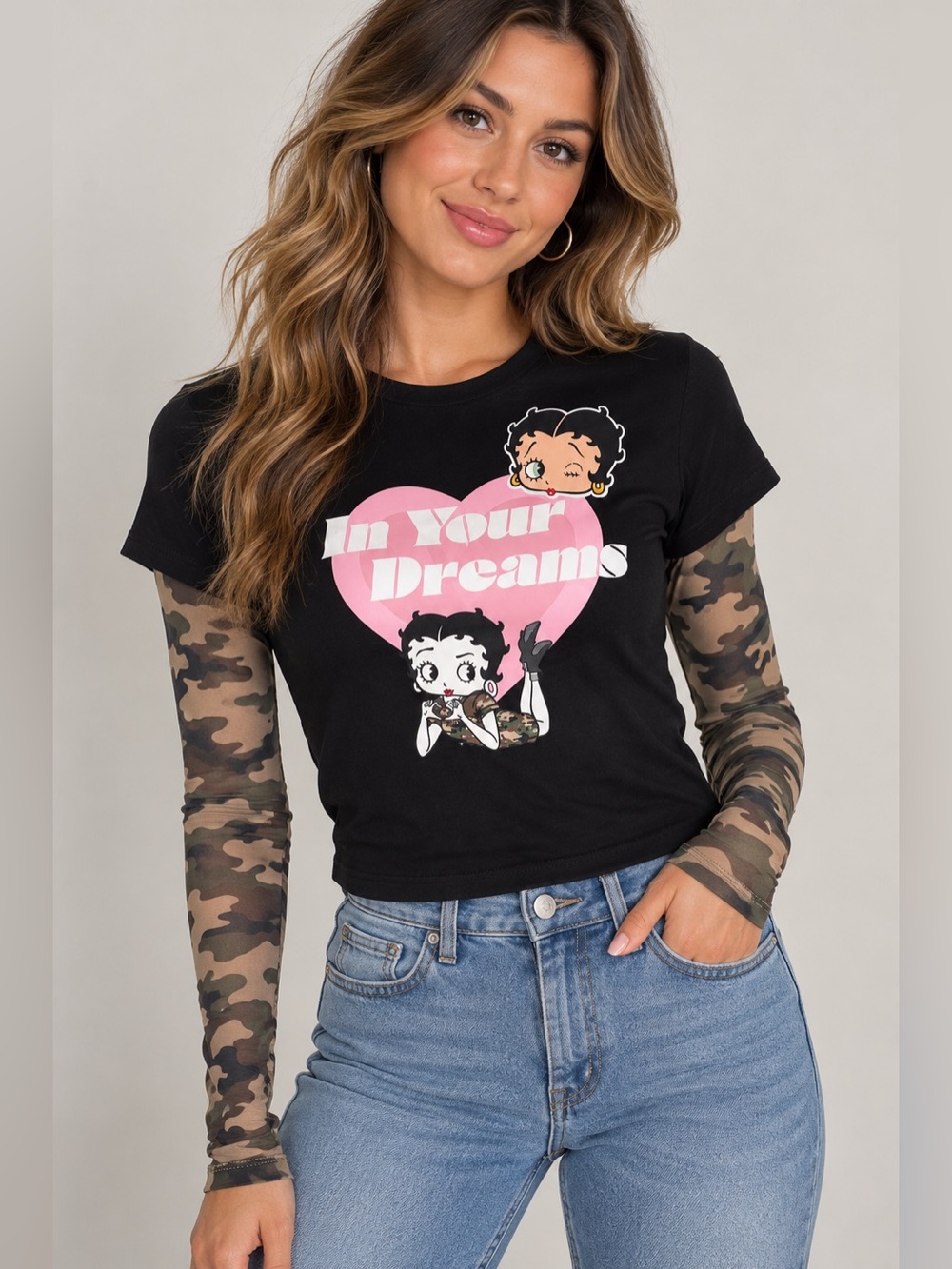 Betty Boop In Your Dreams Camo Layered Top Women’s Size M NWT